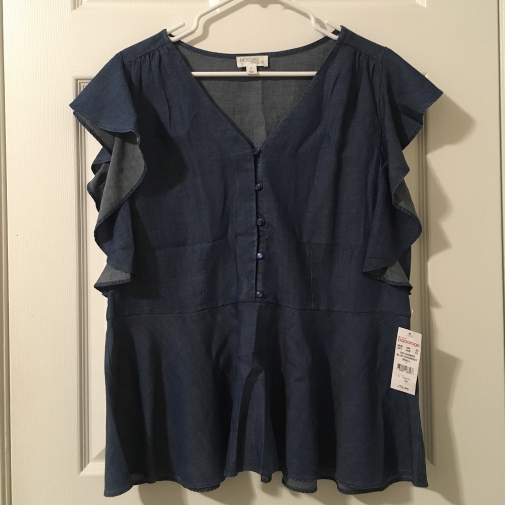 NWT Morgan Taylor Flutter Sleeve Ruffle Blue Chambray Denim Top